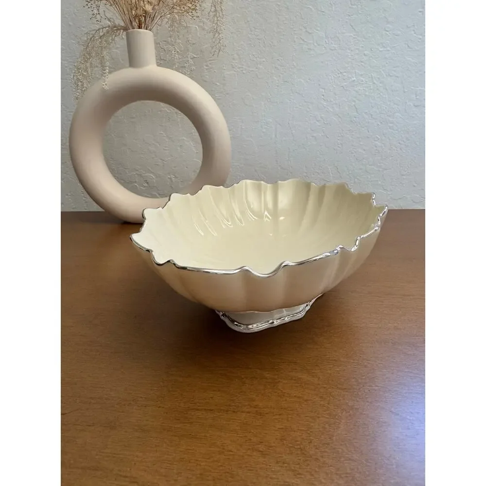 Vintage 80s Lenox Symphony Oval Scalloped Porcelain Serving Bowl Platinum Trim